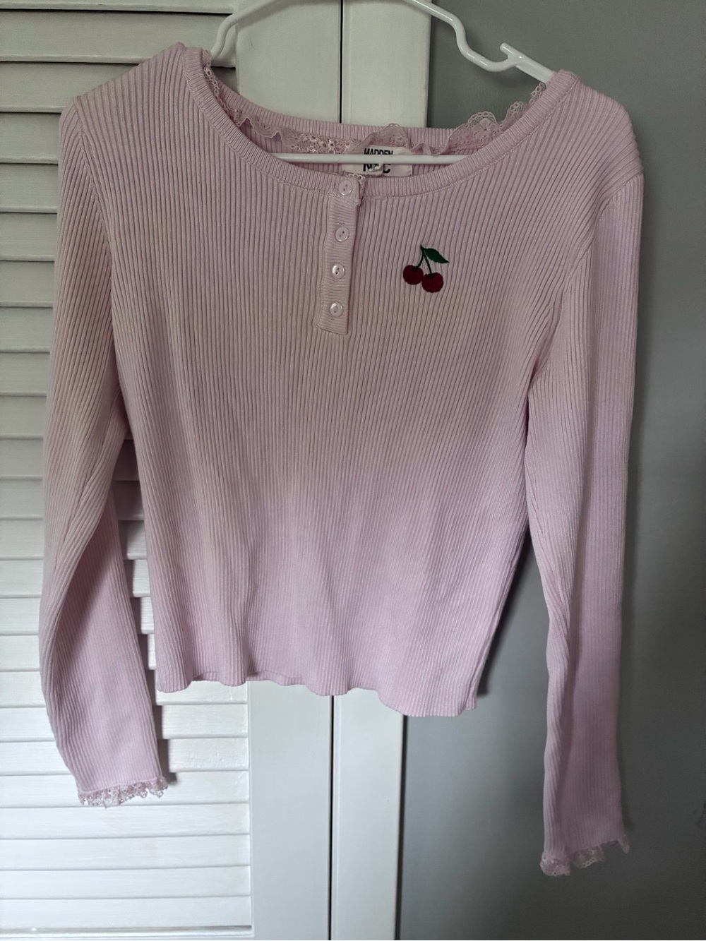 Rose Ribbed Henley Long-Sleeve with Cherry Embroidery and lace